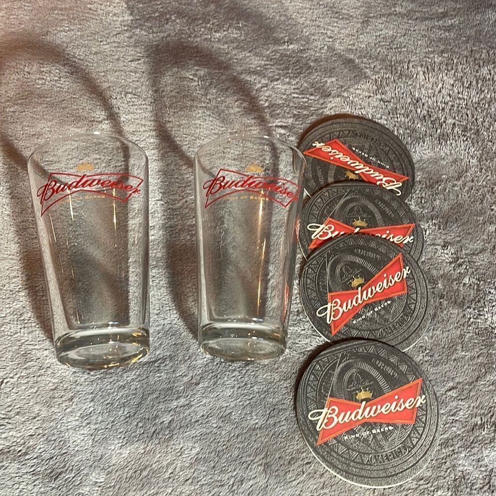 Budweiser glasses and coaster set